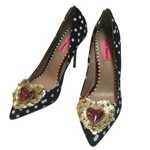 Betsey Johnson Black Polka Dot Heels Pumps Red Heart Sequins 8.5 Coquette Shoes